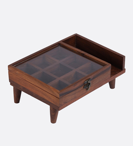 Boîte à épices en bois artisanale avec couvercle en verre, organisateur de masala à 9 compartiments, boîte de rangement de cuisine sur pieds avec plateau de service - Product Image 5