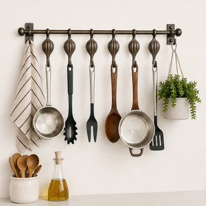 Antique Bronze Wall Mounted Utensil Rack with <b>Hooks</b> Metal Kitchen Hanging Rail for Pots Pans and Spatulas Storage Organizer - Product Image 6
