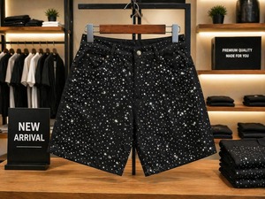 Shorts en jean de luxe pour homme, noirs, ornés de strass, style High Street, effet ciel étoilé, bling-bling - Product Image 2