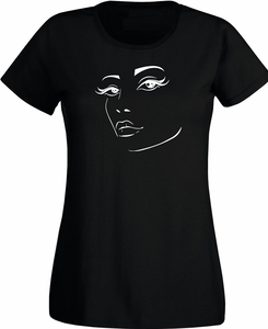 T-shirt noir pour femme avec imprimé visage abstrait blanc, col rond, manches courtes, style minimaliste, coupe classique, tissu jersey 100% coton - Product Image 1