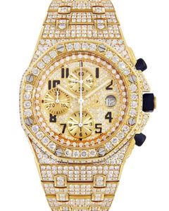 Montre-bracelet de luxe octogonale sertie de diamants, avec boîtier en or, cadran doré, trois sous-cadrans, chiffres noirs, aiguilles lumineuses et bracelet orné. - Product Image 3