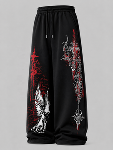 Pantalon de survêtement noir à imprimé gothique unisexe, coupe ample, longueur intégrale, imprimé numérique, fermeture à cordon, pour l'automne - Product Image 2
