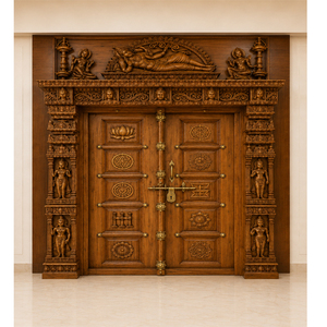 Porte en bois sculptée à la main de qualité supérieure Lakshmi Narayana, porte d'entrée de temple artisanale en bois Lakshmi Narayana, porte de Pooja hindoue - Product Image 1