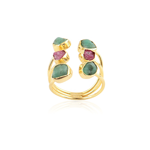 Natural Raw Emerald and Raw Ruby Adjustable <b>Ring</b> Solid Brass 18k Gold Plated Three Layered Band <b>Open</b> <b>Ring</b> Unisex Wear Jewelry - Product Image 2
