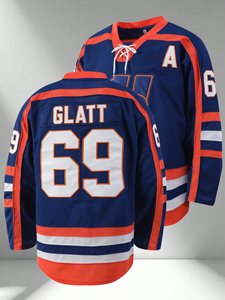 Maillot de hockey sur glace personnalisé pour hommes, bleu et orange, sublimation, uniforme d'équipe, nom et numéro personnalisés, style professionnel, maillot de hockey en twill. - Product Image 2