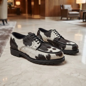 Chaussures habillées pour hommes en cuir véritable à imprimé vache, bout rond, lacets, semelle extérieure en caoutchouc, semelle intermédiaire en EVA, toutes saisons - Product Image 1