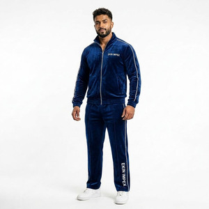 Survêtement unisexe EKIN IMPEX de luxe en velours bleu marine - Veste zippée simple et pantalon imperméable, respirant et léger pour l'automne, style décontracté - Product Image 1