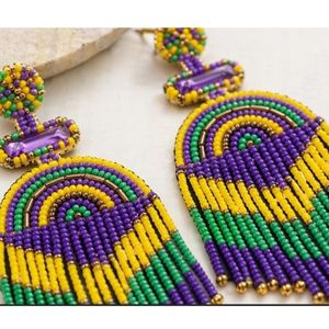 Rizir Fashion Mardi Gras Imitation Pearl <b>Beaded</b> Embroidery Handmade Fringe Statement Dangle Earrings Purple Green Gold Party - Product Image 3