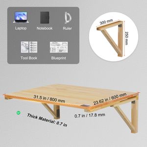 Tavolo Pieghevole da Parete in Legno Massello 80x60 cm, Scrivania Flottante in Legno con Staffa in Ferro, Superficie di Lavoro Pieghevole - Product Image 5