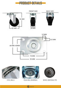 Roue pivotante en TPR de 2,5 pouces avec double roulement à billes, montage sur plaque, roulement fluide pour meubles et équipements - Product Image 2
