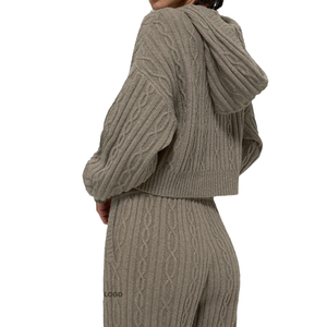 Custom Cable <b>Knit</b> Winter Bliss Hoodie & Pant <b>Set</b> Women Cozy Winter Loungewear OEM Private Label Knitwear Supplier - Product Image 6