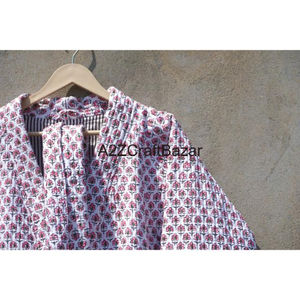 Veste en tricot à imprimé floral écologique pour femmes, tendance, en coton indien matelassé, col en V, rayée, kimono court, respirant, avec ceinture - Product Image 3