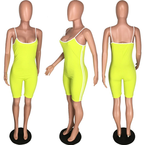 Mono de tirantes finos verde neón para mujer, de cintura alta, con rayas laterales, ajuste ceñido, sin mangas, para gimnasio, primavera-verano, de punto elástico - Product Image 3