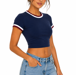 Women's <b>Navy</b> Blue Crop <b>Top</b> T-Shirt With White And Maroon Trim Crew Neck Short Sleeve Solid Color Casual Fit Summer Wear - Product Image 2