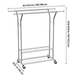Appendiabiti su Ruote Regolabile in Altezza con 2 Aste Appendiabiti e 2 Ripiani Portaoggetti, Capacità di Carico 120 kg - Product Image 3