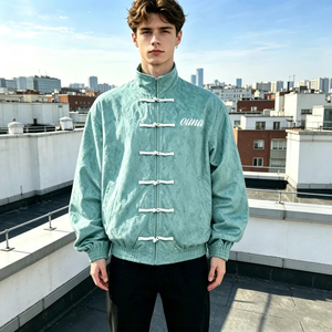 Ouna Men's Chinese Style Denim Bomber <b>Jacket</b> Stand Collar Embroidery Logo Blue Autumn Regular Fit Washed Polyester - Product Image 3