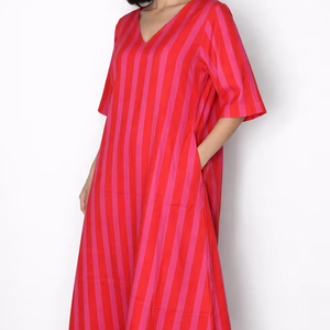 Women Striped Bohemian Midi Dress V Neck Loose Fit Casual Summer Kaftan Cotton Linen Eco-Friendly Wholesale ODM Supplier Indian - Product Image 1