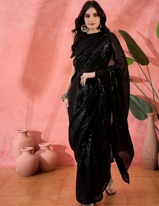KV Black Sequinned Embellished <b>Saree</b> with Unstitched <b>Blouse</b> - Product Image 3