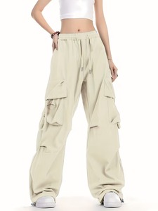 Spring/Summer Trendy Cargo Pants Loose Fit <b>Elastic</b> Waistband Large Pockets Tie-<b>String</b> Accents - Product Image 3