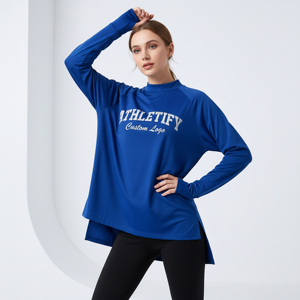 Tunique de sport modeste pour femme, coupe asymétrique, manches longues, ample, compatible hijab, pour yoga, gym, entraînement et course à pied - Product Image 1