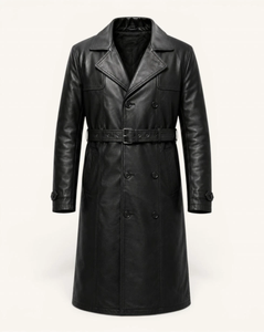 <b>Men</b> Genuine Leather <b>Long</b> Trench <b>Coat</b> Double Breasted Notched Lapel Overcoat With Belt Regular Fit - Product Image 1