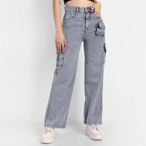 Jean cargo gris taille haute pour femme, coupe large et ample, multi-poches, décontracté, en coton - Product Image 3