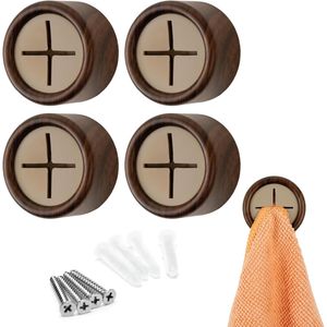 4 Pack Round Walnut <b>Plastic</b> Adhesive Push Towel <b>Hooks</b> for Kitchen Hand and Dish Towels Bathroom Towel Racks - Product Image 1