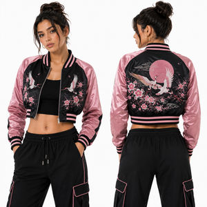 Chaqueta Corta de Satén para Mujer con Diseño de Fénix y Forro Suave, Marca Privada, Venta al Por Mayor, Fabricante de Ropa con Logotipo Personalizado OEM - Product Image 5