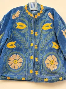 Chaqueta de terciopelo azul real premium para mujer, ropa étnica de invierno, manga larga, cuello mandarín, abrigo corto a precio de fábrica - Product Image 6