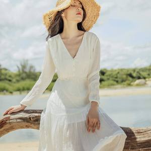 Nouvelles Arrivées Robes Maxi Décontractées Blanches en Mousseline Tissée pour Femmes, à Manches Longues, Silhouette Trapèze, Volants, Fermetures Éclair, Service OEM Vietnam - Product Image 4