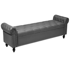 Panca Moderna per Scarpe con Pouf Contenitore Trapuntato a Bottoni, Braccioli Arrotondati in Pelle PU e Gambe in Legno Massello per Ingresso o Soggiorno - Product Image 1