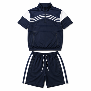Conjunto Deportivo de Verano para Hombre, a Rayas, de Alta Calidad, Personalizable, de Secado Rápido, Transpirable, con Top de Manga Corta y Media Cremallera, y Pantalones Cortos para Gimnasio - Product Image 3