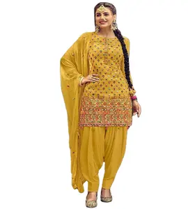 女性のためのパティヤラスーツパーティーは重い刺繍作業でセミピュアを着用黄色Salwar Kameez 2023