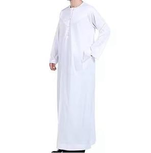 <b>Men's</b> White Cotton <b>Thobe</b> Long Sleeve Floor Length Round Neck Modest Islamic Robe For Prayer Middle East Style Bulk Manufacturer - Product Image 3