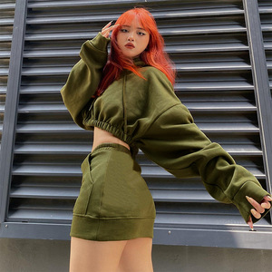 Women Olive Green Hooded Crop Top Tracksuit <b>Set</b> Full Sleeve Solid Color Casual <b>Jogger</b> With Side Pockets Elastic Waist - Product Image 4