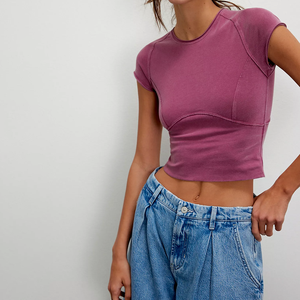 Nueva Llegada: Top Deportivo Corto con Costuras Contorneadas y Sensación Suave como la Mantequilla, Diseño de Bloques de Color, Manga Casquillo, Camiseta Ajustada para Mujer - Product Image 4