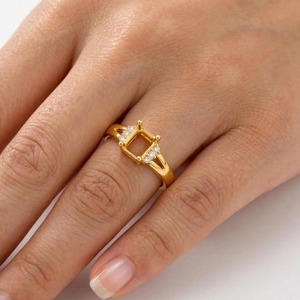 Anillo de compromiso de plata de ley 925 con halo de circonita cúbica de corte esmeralda, chapado en oro, semimontura en blanco para gemas. - Product Image 6