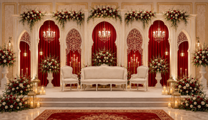 Majestic Nikkah Stage <b>Decoration</b> with Modern <b>Arched</b> Panels Premium Wedding Stage Setup Manufacturer Exporter Wedding Event Decor - Product Image 6