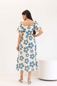 Robe midi à manches courtes à imprimé floral, col carré, coupe ample, style décontracté, robe d'été, tissu tissé respirant, 100% coton - Product Image 4