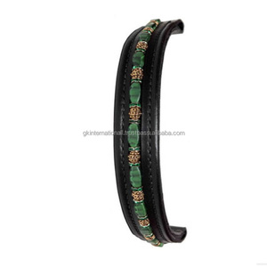 Black Padded Comfortable & Durable Leather Horse Brow Band Emerald Green <b>Beaded</b> Chain and Crystals Decorative Bridle Brow Band - Product Image 5