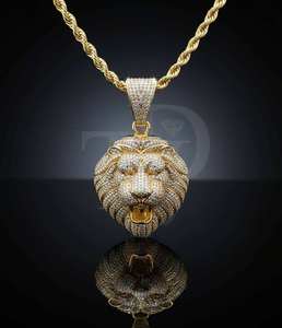 Pendentif Hip Hop Tête de Lion Moissanite Iced Out avec Chaîne Cordon en Or 10K 14K ou Argent – Collier Statement Tête d'Animal de Luxe - Product Image 1