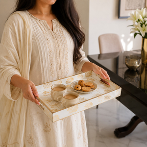 Ensemble de 3 plateaux de service décoratifs floraux de luxe |   Plateaux en bois faits à la main avec poignées pour le café, le thé, le petit-déjeuner, la salle à manger, la décoration de la maison - Product Image 3