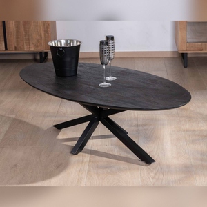 Mesa de centro Vandana Golden Comfort con tablero elíptico de madera maciza de mango arenada y patas metálicas 3D Pisa - Product Image 4