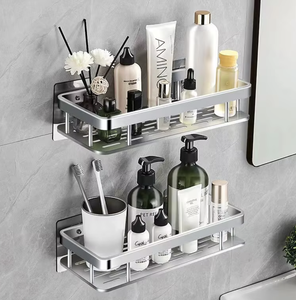 Étagère de salle de bain murale en aluminium à 2 niveaux, rectangulaire, finition brossée, organisateur gain de place pour articles de toilette et savon - Product Image 1