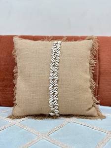 Handcrafted Coastal Cowrie Shell Square Cotton Bohemian Style Decorative <b>Cushion</b> <b>Cover</b> with Fringed Edges Anti Dust Mite - Product Image 1