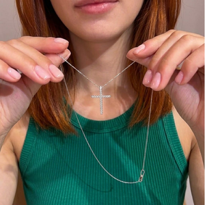 <b>Solid</b> 18K White <b>Gold</b> Double Cross Pendant Natural Diamond Necklace Earth Mined Micro Pave VS1 High Clarity Baptism Gift - Product Image 2