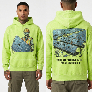 Sweat à capuche vert néon délavé pour homme, coupe oversize, style streetwear, avec motif graphique zombie Undead Energy Corp Solar Station, personnalisé - Product Image 1