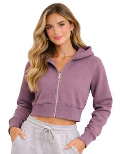 Sudadera con capucha corta con cremallera para mujer, de manga larga, informal, de forro polar suave, estilo urbano, color morado malva, para otoño e invierno - Product Image 1