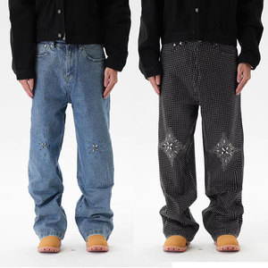 Jean en denim coupe droite pour homme, broderie à pois et sequins, coupe ample, style streetwear, coton mi-lourd, style automne - Product Image 1