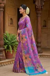 <b>Purple</b> Floral DIGITAL PRINT GACHI TASSAR Silk <b>Saree</b> For Women Traditional Wedding Wear Floor Length Wrinkle Free Regular Fit - Product Image 2